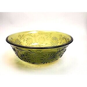 Mid-Century Avocado Green Candy Dish Round Glass Bowl  Daisy Pattern FTD 1979
